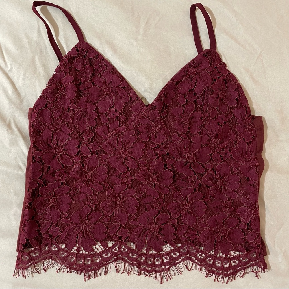 Burgundy crochet crop top.